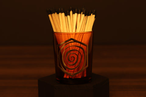 Embered luxury match set in reusable shot glass with black-tip matches